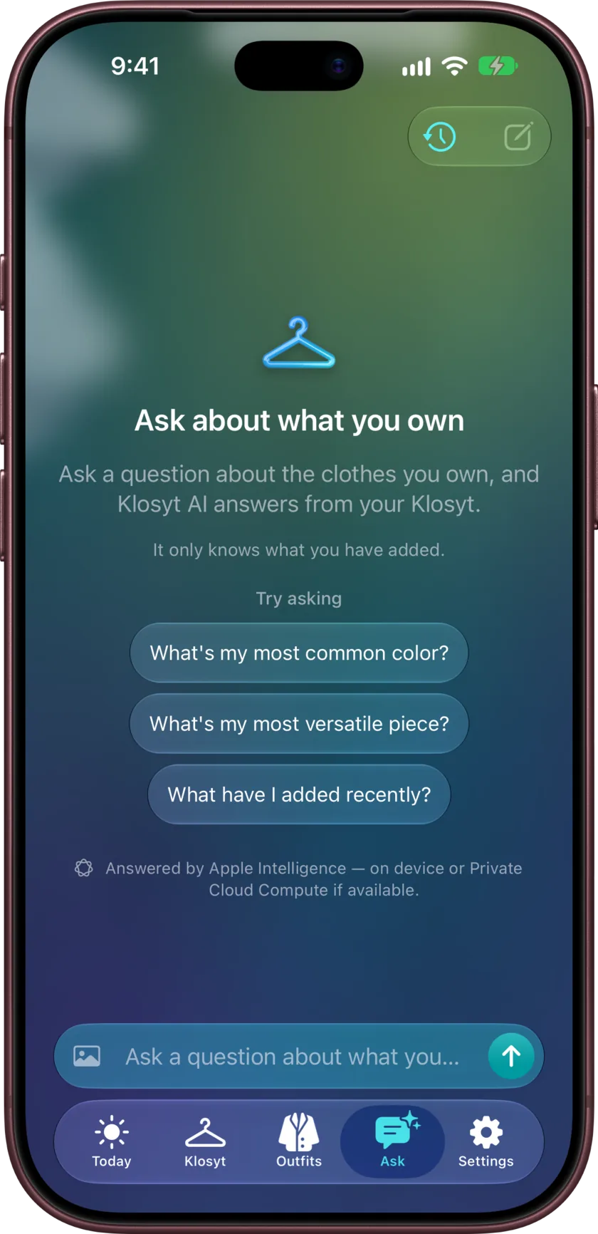 The Ask tab on iPhone before the first question: suggestions to tap, and a field to ask in your own words