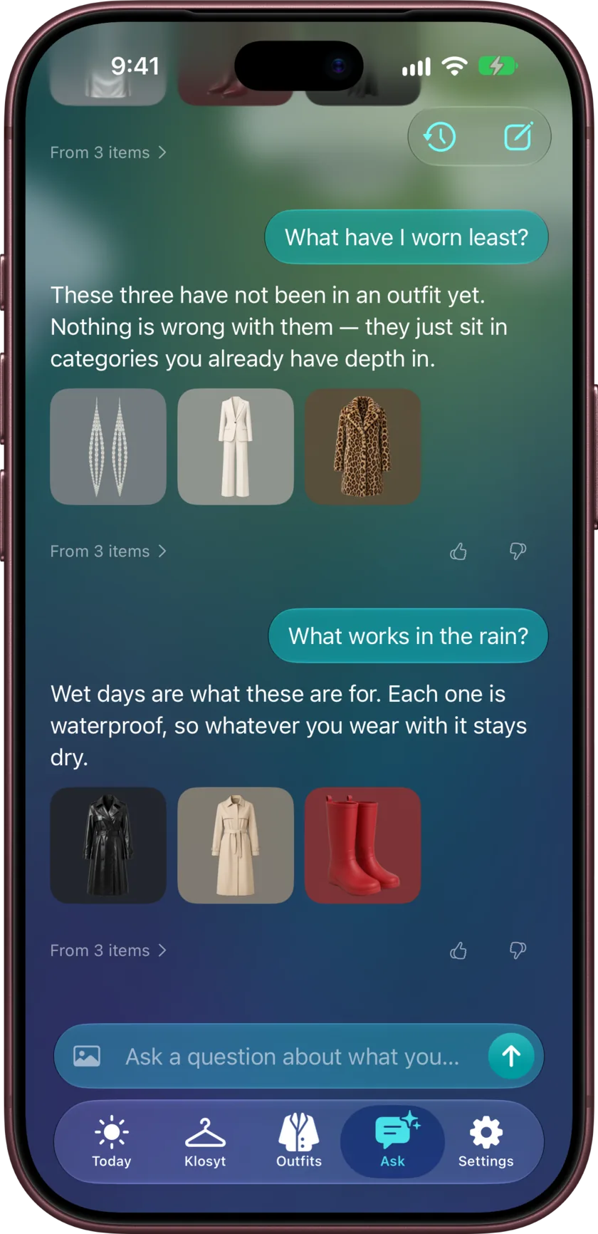 The Ask tab on iPhone answering a question about the closet, with the pieces it drew on shown as tiles