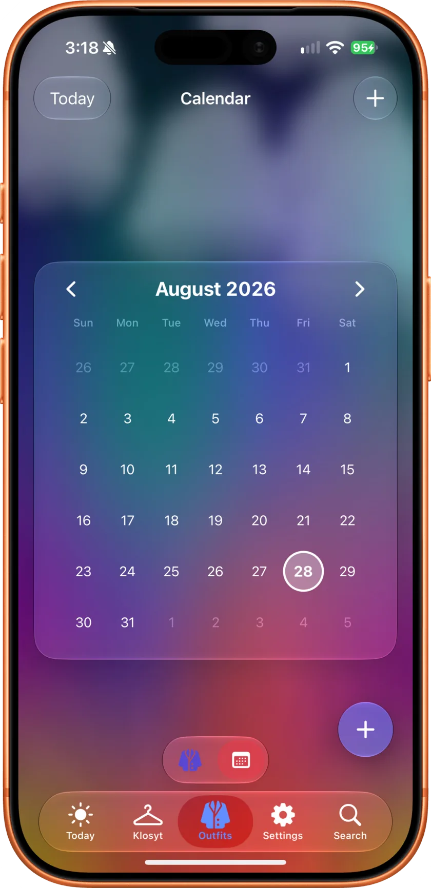 The Outfits tab's calendar on iPhone, August 2026 with today circled