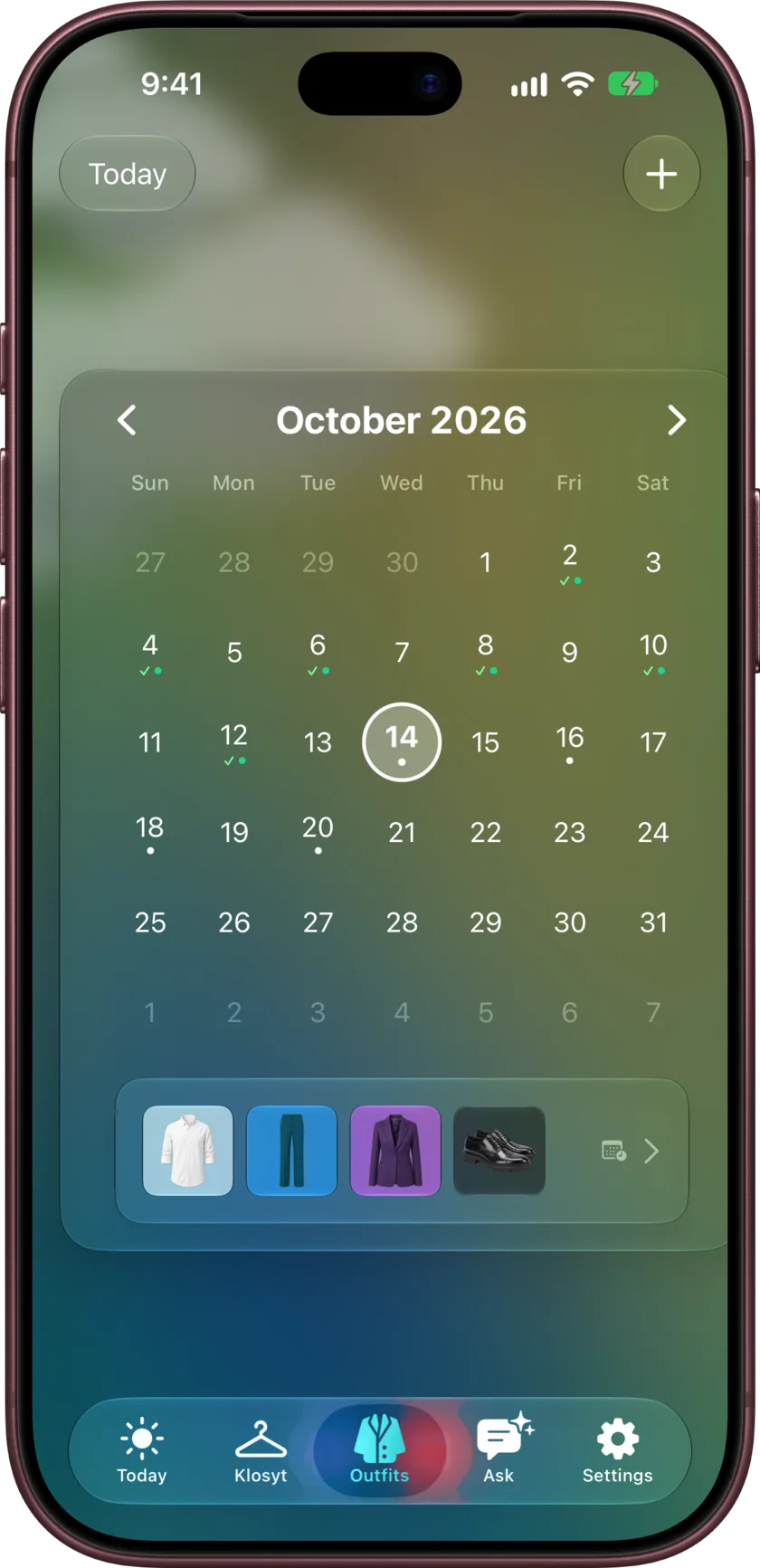 The Outfits tab's calendar on iPhone: the current month with today circled