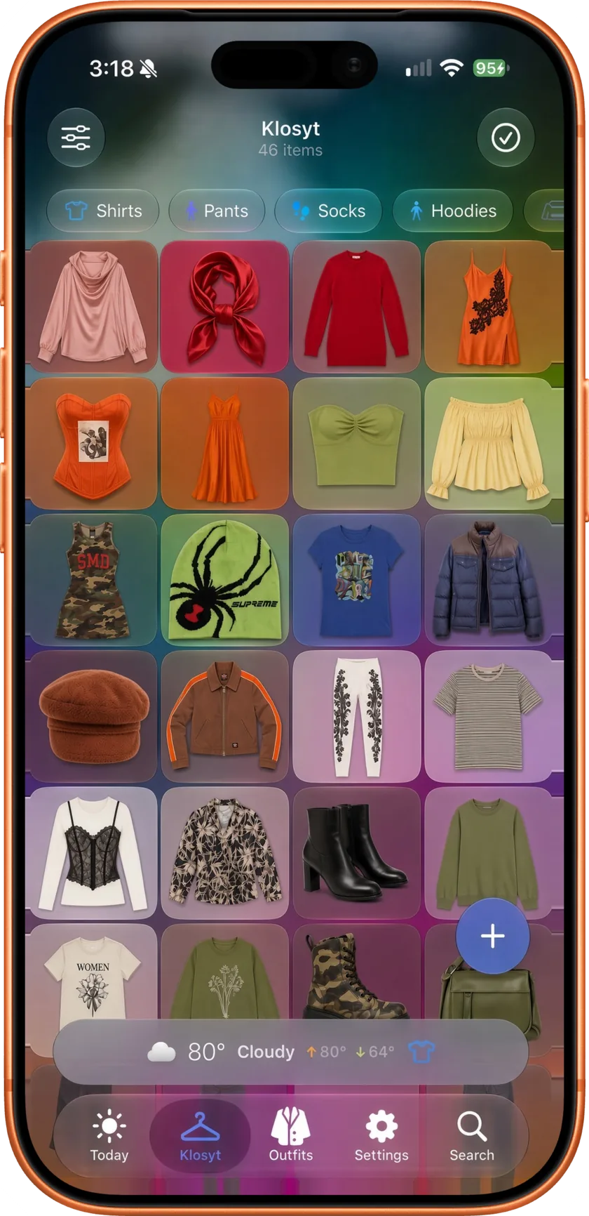 The Klosyt tab on iPhone: a grid of 46 closet items under category filter chips