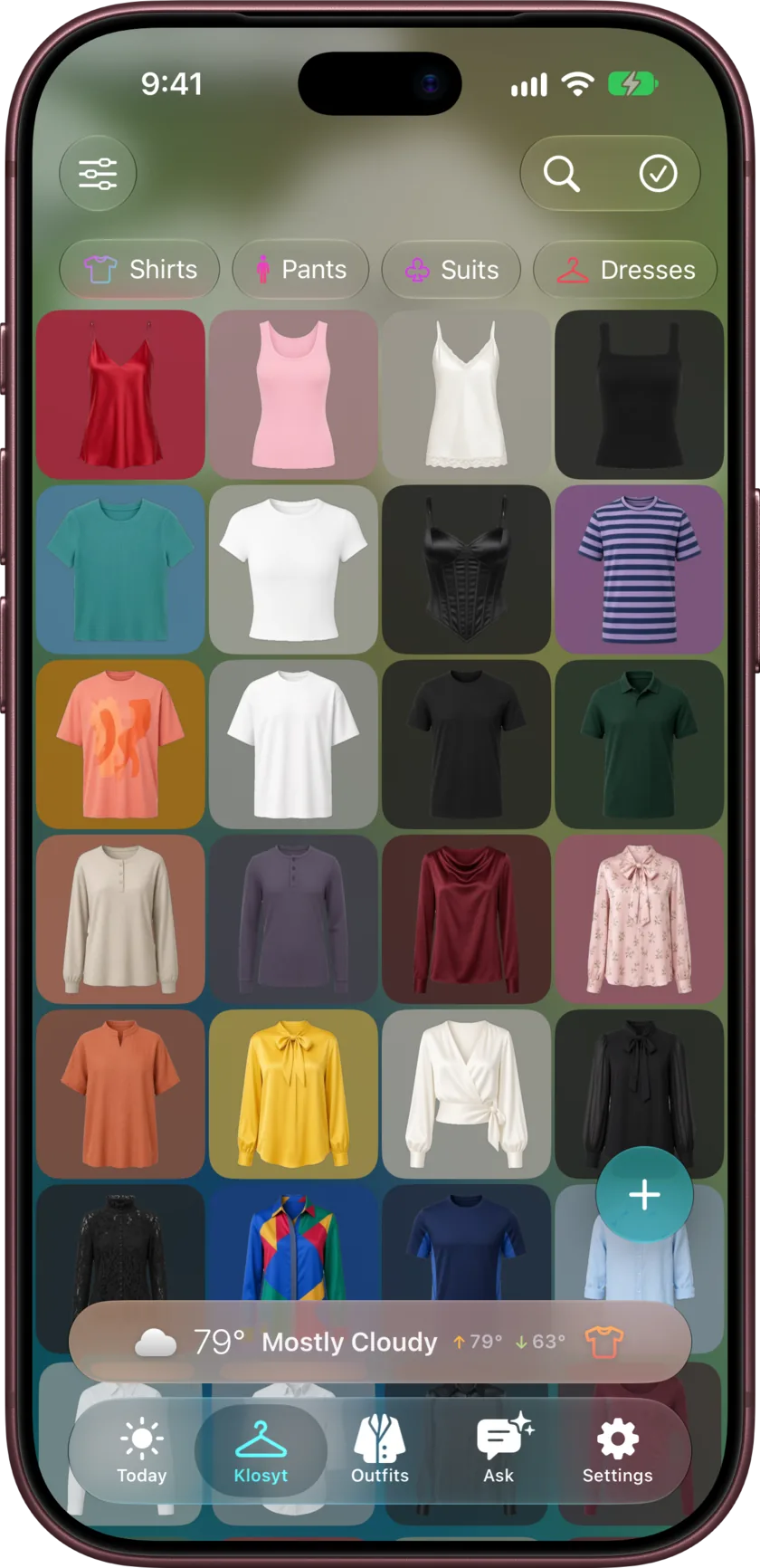The Klosyt tab on iPhone: a grid of closet items under category filter chips