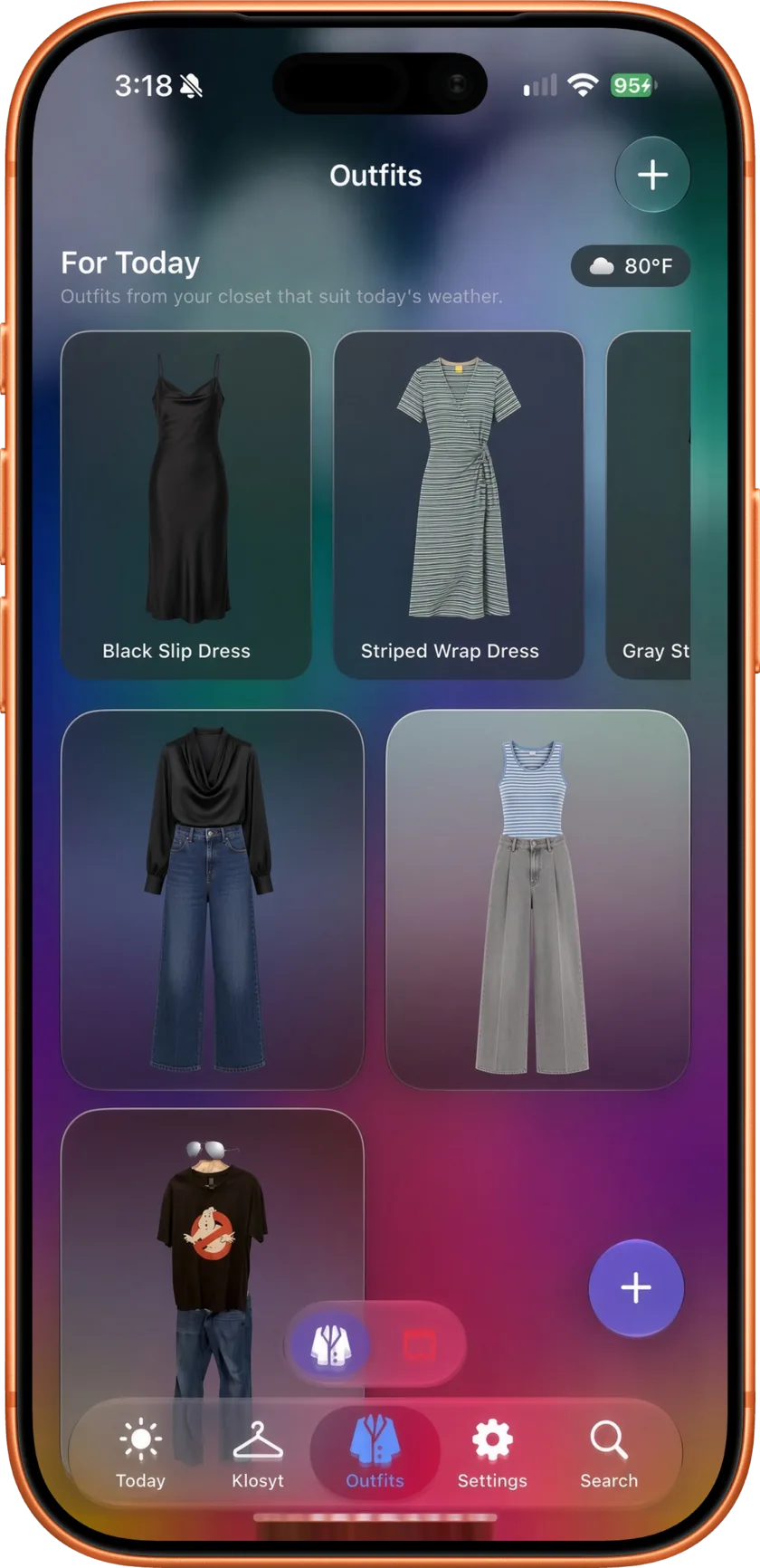 The Outfits tab on iPhone: a For Today row of dresses above saved outfits
