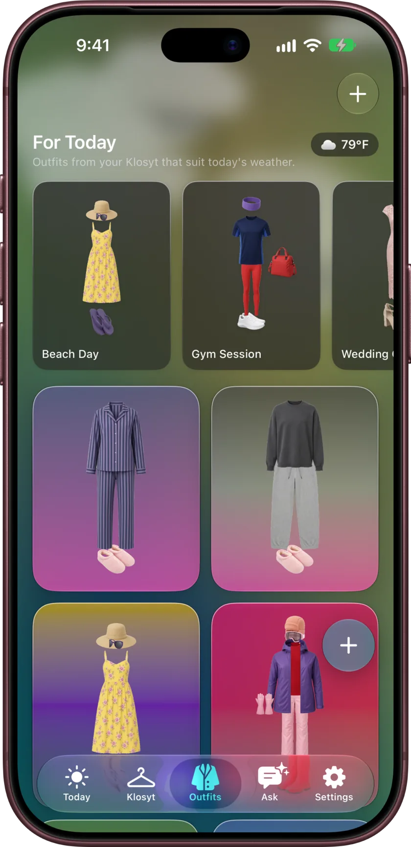 The Outfits tab on iPhone: a For Today row of suggested looks above saved outfits
