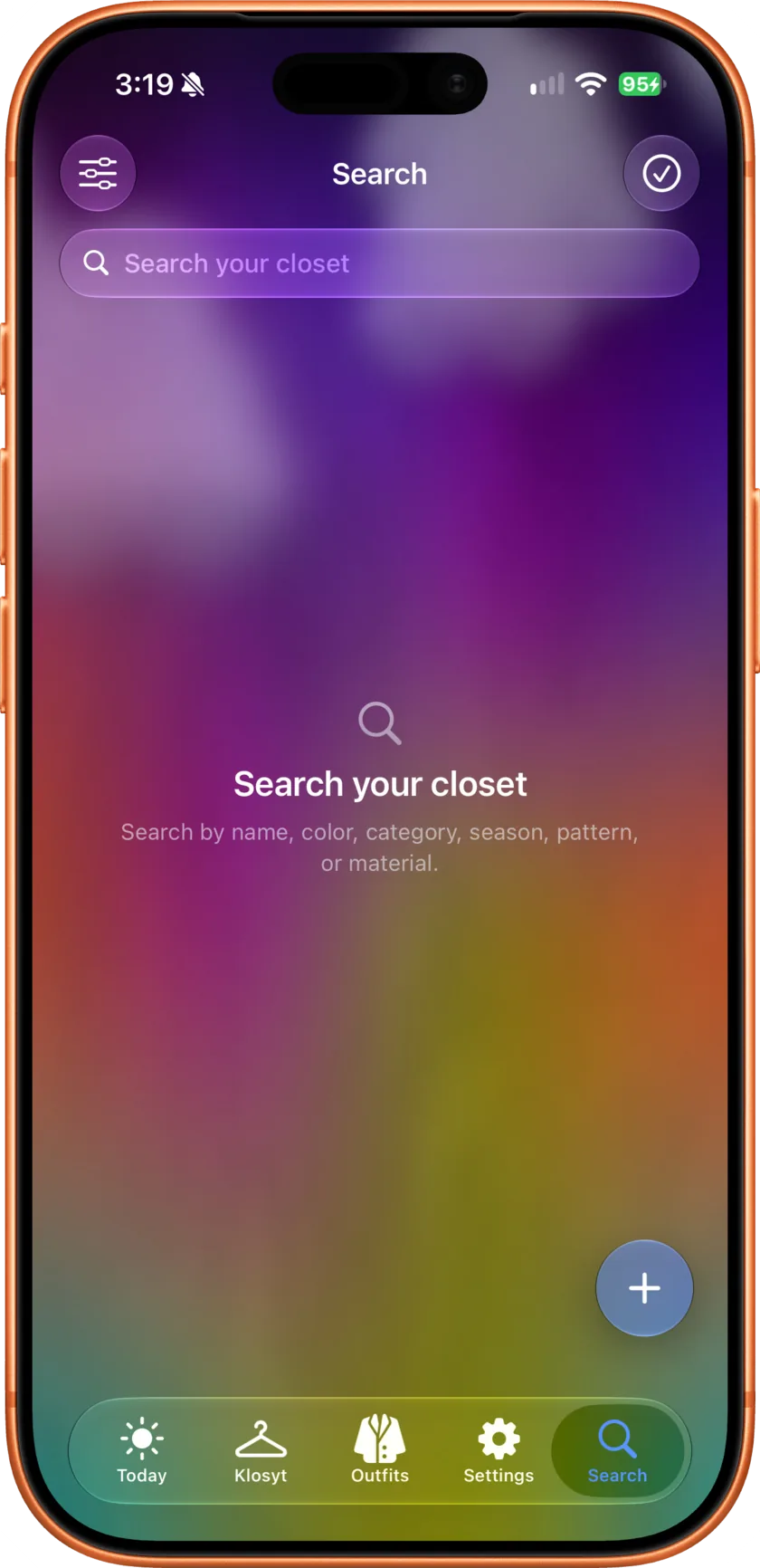 The Search tab on iPhone: search your closet by name, color, category, season, pattern, or material