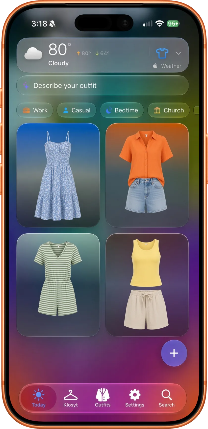 Klosyt's Today tab on iPhone: the day's weather, activity chips, and four outfit picks from the closet